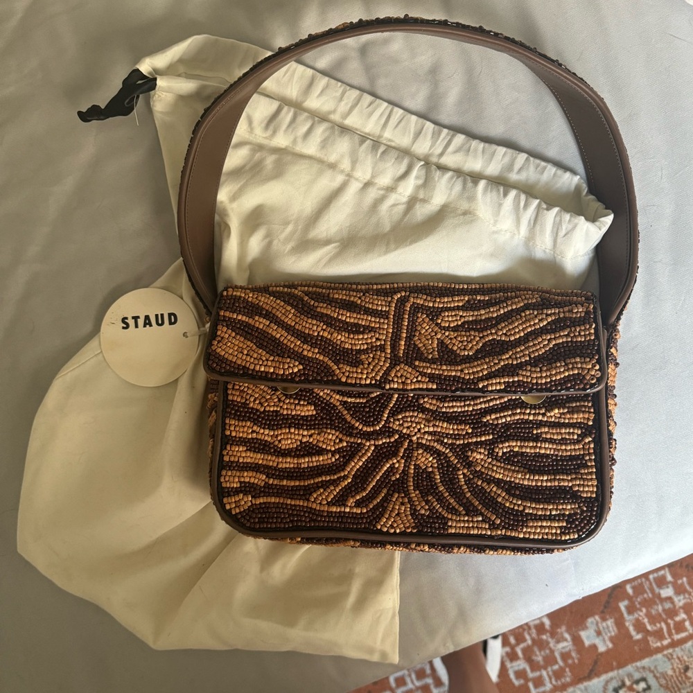 NWT STAUD Tommy Beaded Bag - Brown Zebra